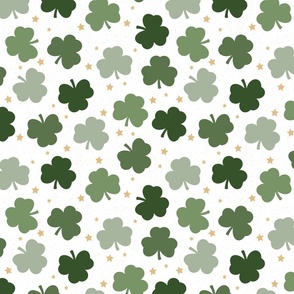 St Patricks Shamrocks- green and gold on white, Clover, St Patricks Day, St Patrick, Saint Paddy, St Pats, St Pattys Day, St Patrick Fabric, Shamrock Fabric