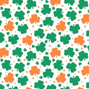 St Patricks Shamrocks-green and orange on white, Clover, St Patricks Day, St Patrick, Saint Paddy, St Pats, St Pattys Day, St Patrick Fabric, Shamrock Fabric