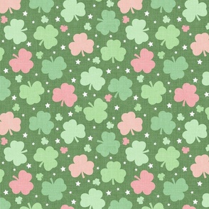 St Patricks Shamrocks-pink and green-linen texture, Shamrock, Clover, St Patricks Day, St Patrick, Saint Paddy, St Pats, St Pattys Day, St Patrick Fabric, Shamrock Fabric