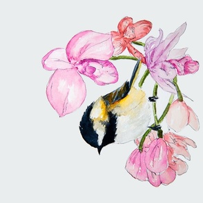 Black-capped chickadee songbird in peach pink orchid flower blossoms wall hanging and tea towel watercolor painting on white and quilt panel / fabric panel