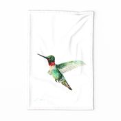 Ruby throated hummingbird wall hanging and tea towel watercolor bird painting on white and quilt panel / fabric panel