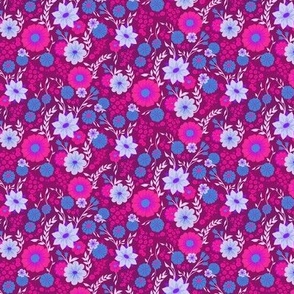 Spring Floral in Hot Pink with Purple and Blue on Plum // Smaller Scale