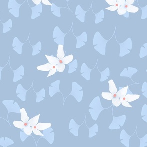 little Forsythia flowers and leaves on light blue - large scale