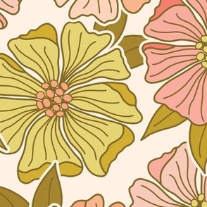 Extra Large 70s Retro Inspired Vintage Hippie Floral, Whimsical Flowers Peach Pink Golden Yellow