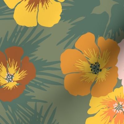 Mustard Hibiscus Floral on Army Green
