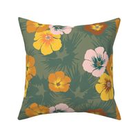 Mustard Hibiscus Floral on Army Green