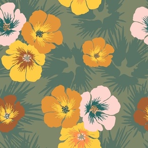 Mustard Hibiscus Floral on Army Green