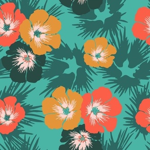 Tropical bright hibiscus on turquoise