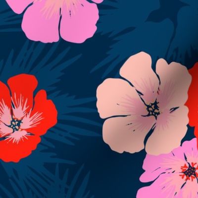 Red and Pink Hibiscus Flowers on Navy blue