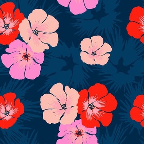 Red and Pink Hibiscus Flowers on Navy blue