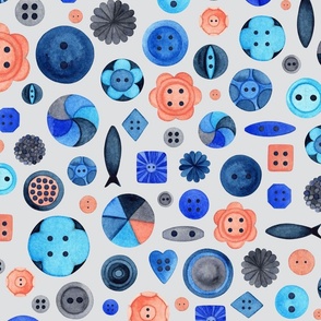 Large Scale // Painted Buttons in Blues and Peach / Non-directional Novelty Design 