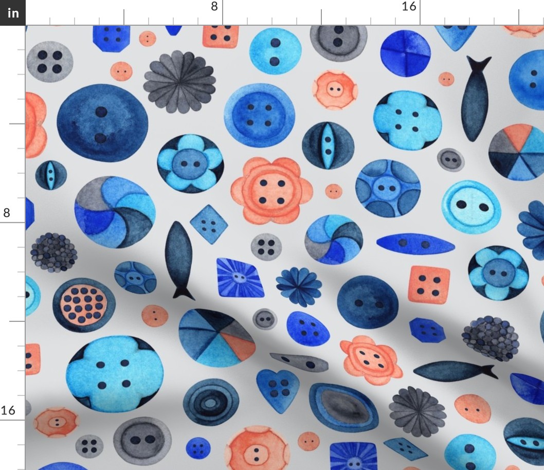 Larger Scale // Painted Buttons in Blues and Peach / Non-directional Novelty Design 