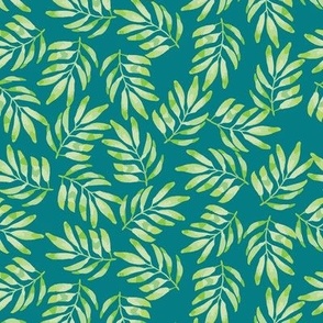 Green leaves on ocean blue / watercolor leaves / aquamarine blue