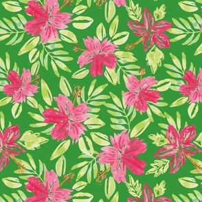 Tropical Pink Hibiscus Flowers on lime green