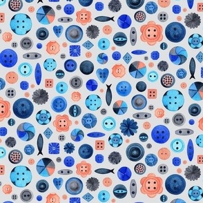 Medium Scale // Painted Buttons in Blues and Peach / Non-directional Novelty Design 