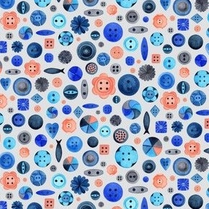 Smaller Scale // Painted Buttons in Blues and Peach  / Non-directional Novelty Design 