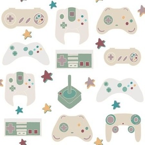 Gamer kid, small, white background, girl power, boys rule, dress, romper, nursery, kid, nurse scrubs, vintage gaming controllers, retro console, pastel (small)