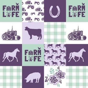 “Farm Life” Vintage Farm Patchwork,  Purple & Mint,  4x3 4.5”SQ 