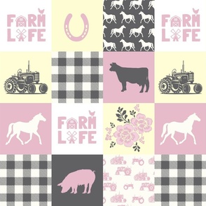 “Farm Life” Vintage Farm Patchwork, Pink, Brown & Yellow,  4x3 4.5”SQ 