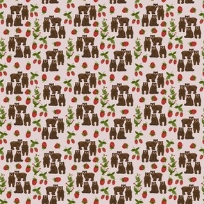 Hand drawn cute bears in a raspberry grove in brown, red, green  and pink / Paper cut style 