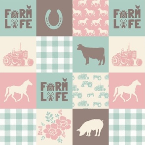 “Farm Life” Vintage Farm Patchwork,  Peachy Pink, Mint, Brown & Beige,  4x3 4.5”SQ 