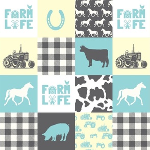 “Farm Life” Vintage Farm Patchwork,  Butter Yellow, Baby Blue, & Charcoal,  4x3 4.5”SQ 