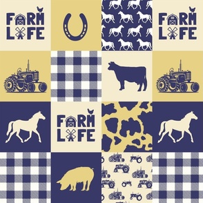 “Farm Life” Vintage Farm Patchwork, Navy & Yellow, 4x3 4.5”SQ 