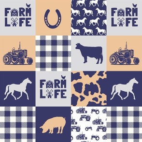 “Farm Life” Vintage Farm Patchwork, Navy, Orange, & Gray, 4x3 4.5”SQ 