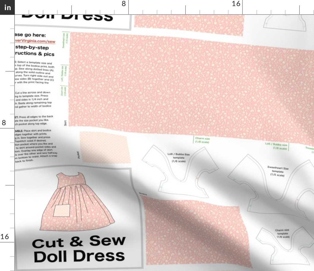 Cut & Sew Dress (Tiny Flowers in Peach Cream) on FAT QUARTER for Forever Virginia Dolls and other 1/8, 1/6 and 1/5 scale child dolls // little small scale tiny mini micro doll