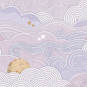 Cozy Night Sky Lilac- Extra Large Full Moon and Stars Over the Clouds- Purple- Lavender- Pink Relaxing Home Decor- Nursery Wallpaper- Large Scale