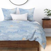Cozy Night Sky Pastel Blue Extra Large- Full Moon and Stars Over the Clouds- Light Blue- Neutral- Relaxing Home Decor- Nursery Wallpaper- Large Scale