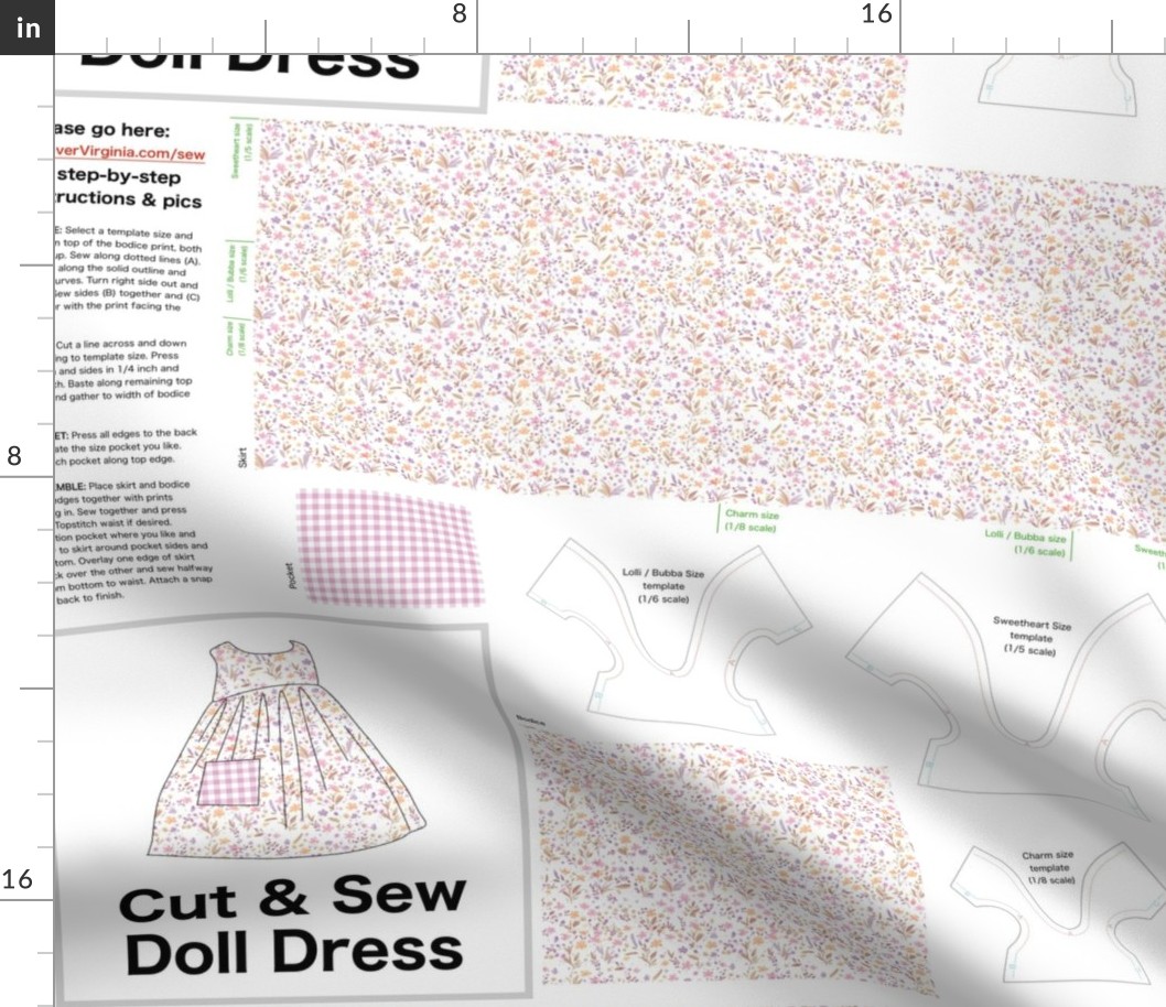   Cut & Sew Dress ( Tiny Flowers in Pink Lavender Orange) on FAT QUARTER for Forever Virginia Dolls and other 1/8, 1/6 and 1/5 scale child dolls // little small scale tiny mini micro doll