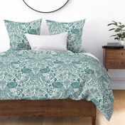 Damask peacock block print cyan teal white