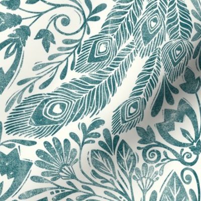 Damask peacock block print cyan teal white