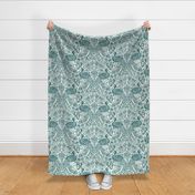 Damask peacock block print cyan teal white