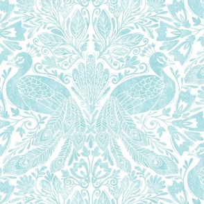 Damask peacock block print light blue white cyan