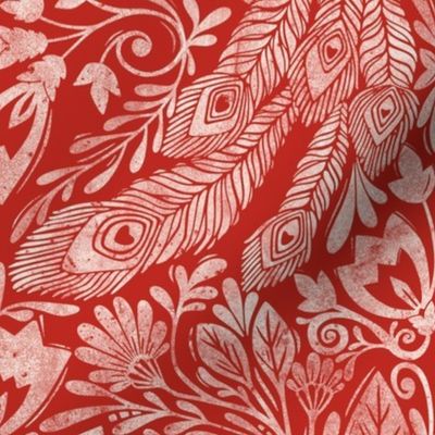 Damask peacock block print white Poppy Red