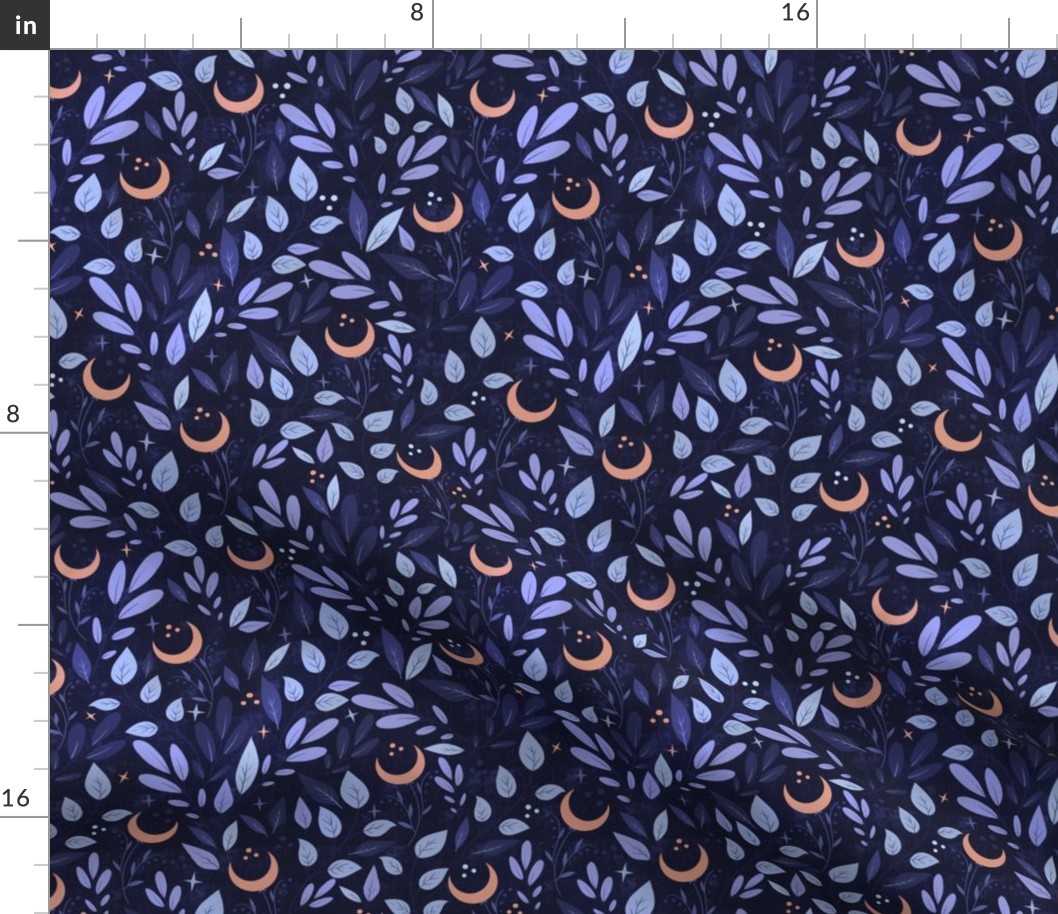 Gothic leaves and moons in dark purple  - Regular scale