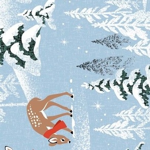 Large Scale / Rotated / Winter Woodland Fawn / Sky Blue Linen Textured Background