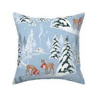 Large Scale / Winter Woodland Fawn / Sky Blue Linen Textured Background