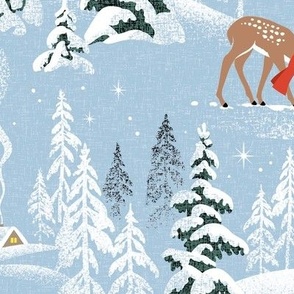 Large Scale / Winter Woodland Fawn / Sky Blue Linen Textured Background