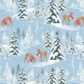 Small Scale / Winter Woodland Fawn / Sky Blue Linen Textured Background