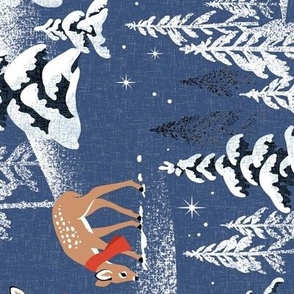Large Scale / Rotated / Winter Woodland Fawn / Dark Blue Linen Textured Background