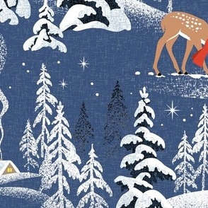 Large Scale / Winter Woodland Fawn / Dark Blue Linen Textured Background