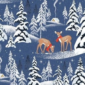 Medium Scale / Winter Woodland Fawn / Dark Blue Linen Textured Background