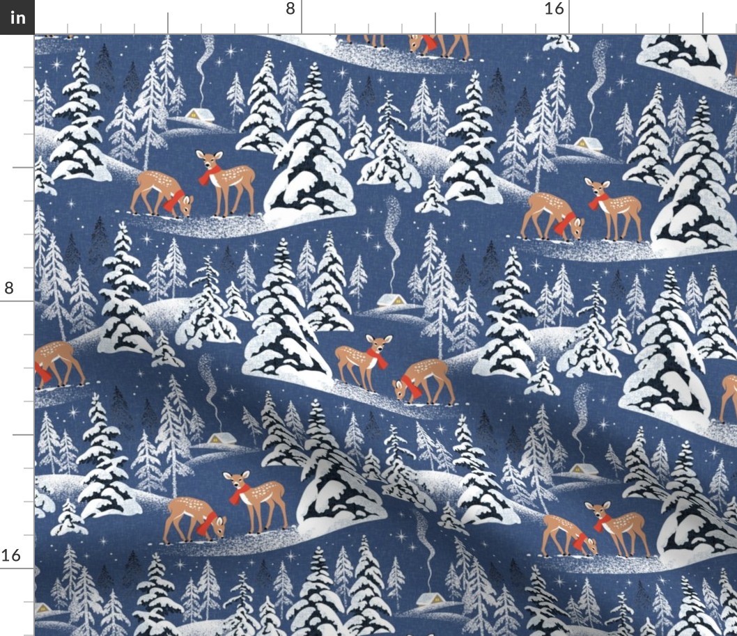 Medium Scale / Winter Woodland Fawn / Dark Blue Linen Textured Background