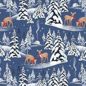 Small Scale / Winter Woodland Fawn / Dark Blue Linen Textured Background