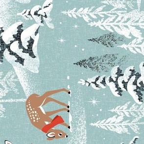 Large Scale / Rotated / Winter Woodland Fawn / Mint Linen Textured Background