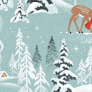 Large Scale / Winter Woodland Fawn / Mint Linen Textured Background
