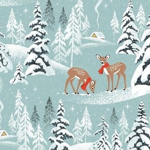 Medium Scale / Winter Woodland Fawn / Mint Linen Textured Background